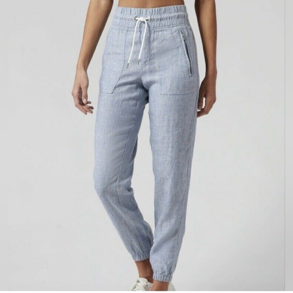 Casual Blue Linen Joggers with Zipper Pockets - Picture 9 of 9